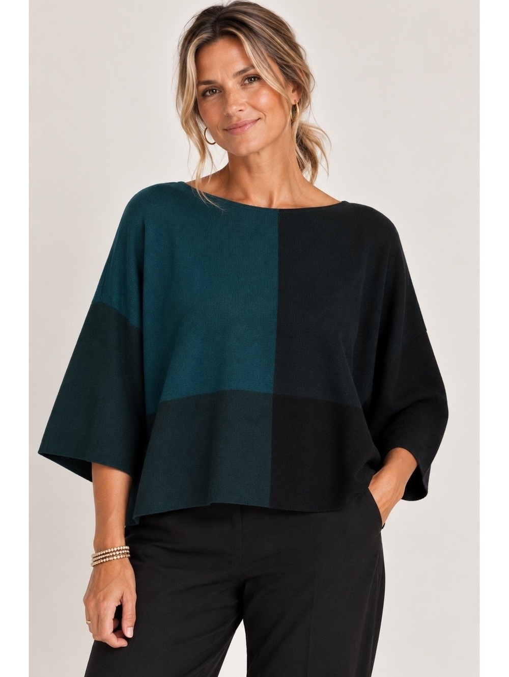 Eileen Fisher Tencel Lyocell Colorblock Boxy Sweater Top Green Black L